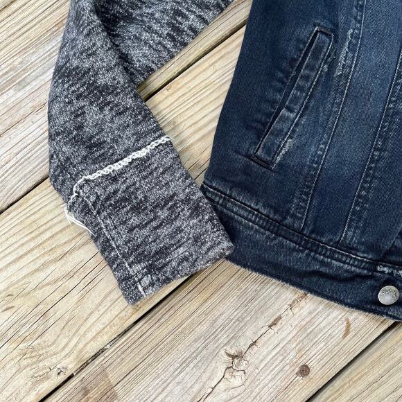 Free People Black Denim Trucker Jacket Hooded Distressed Knit Sleeves Size S - Picture 5 of 12